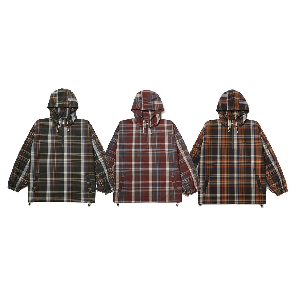 CHECK HALF ZIP-UP HOODED SHIRT