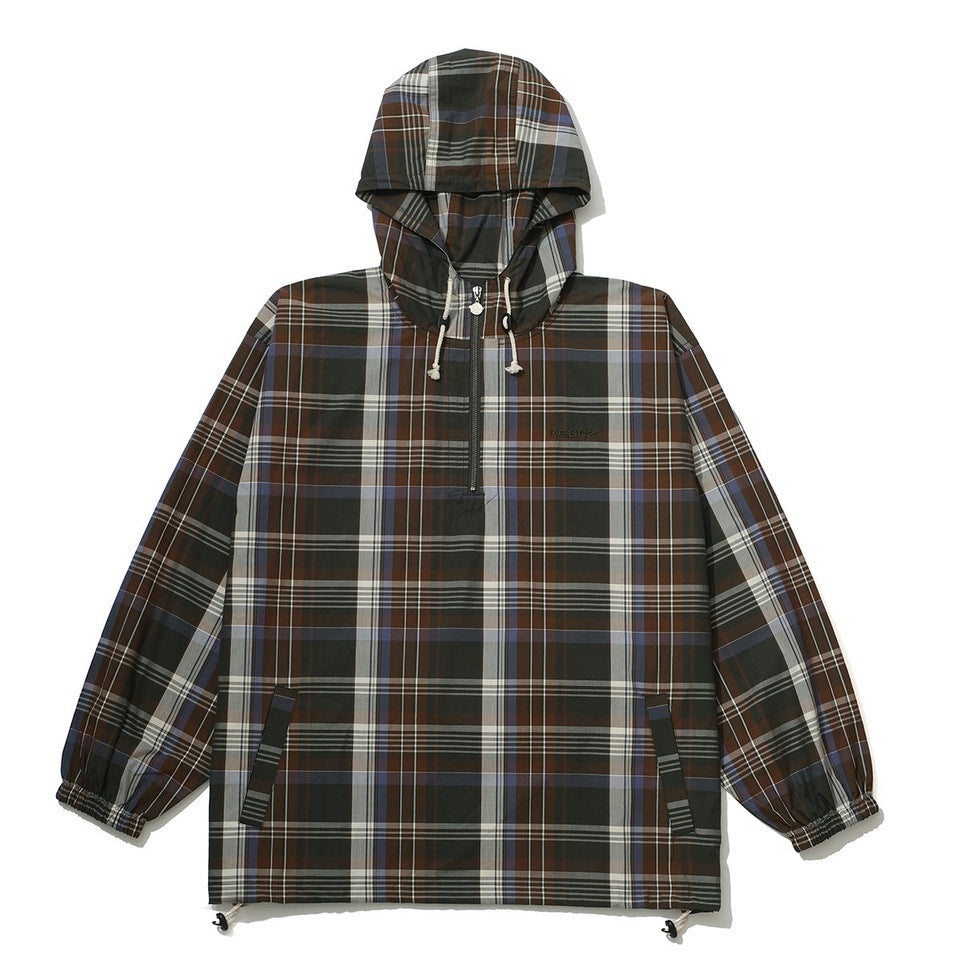 CHECK HALF ZIP-UP HOODED SHIRT
