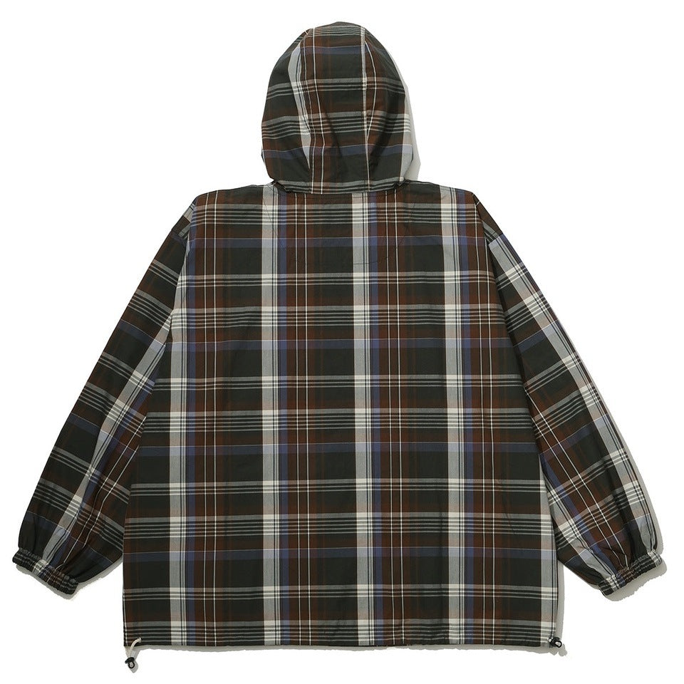 CHECK HALF ZIP-UP HOODED SHIRT