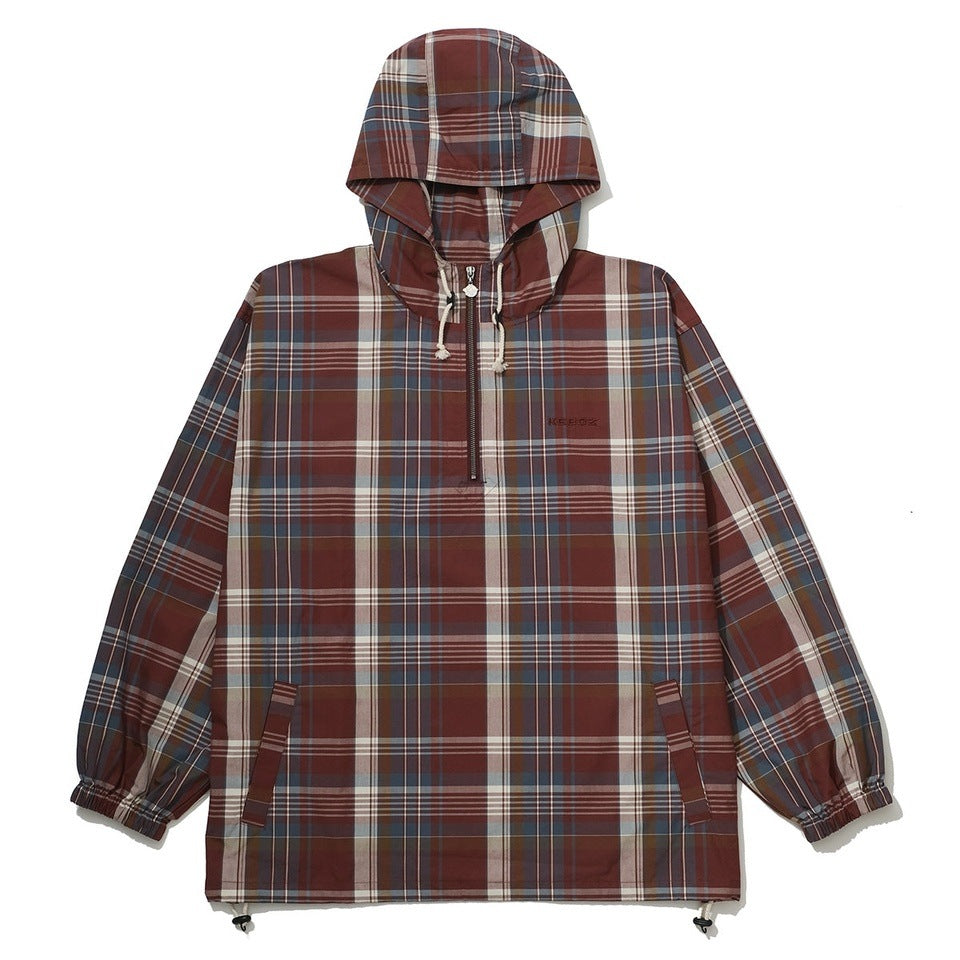 CHECK HALF ZIP-UP HOODED SHIRT