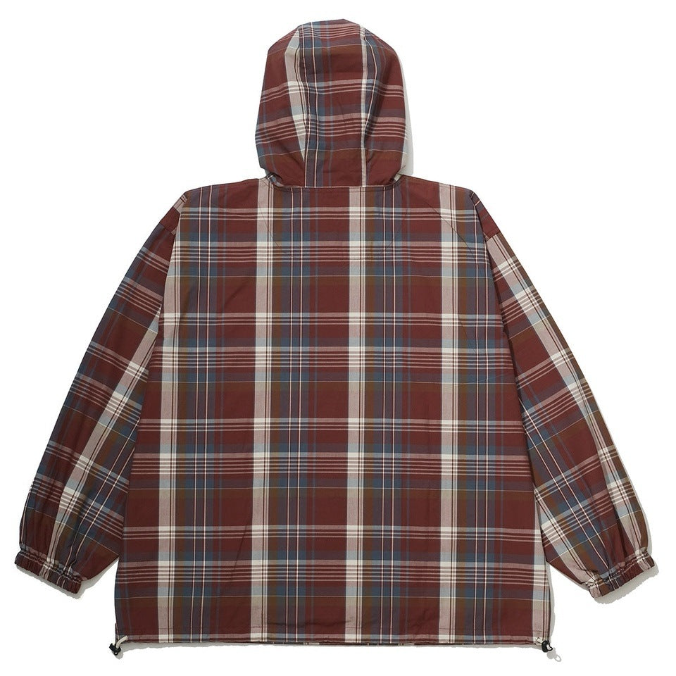 CHECK HALF ZIP-UP HOODED SHIRT