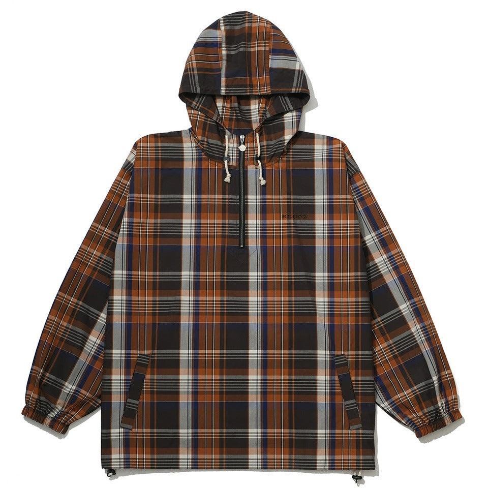 CHECK HALF ZIP-UP HOODED SHIRT