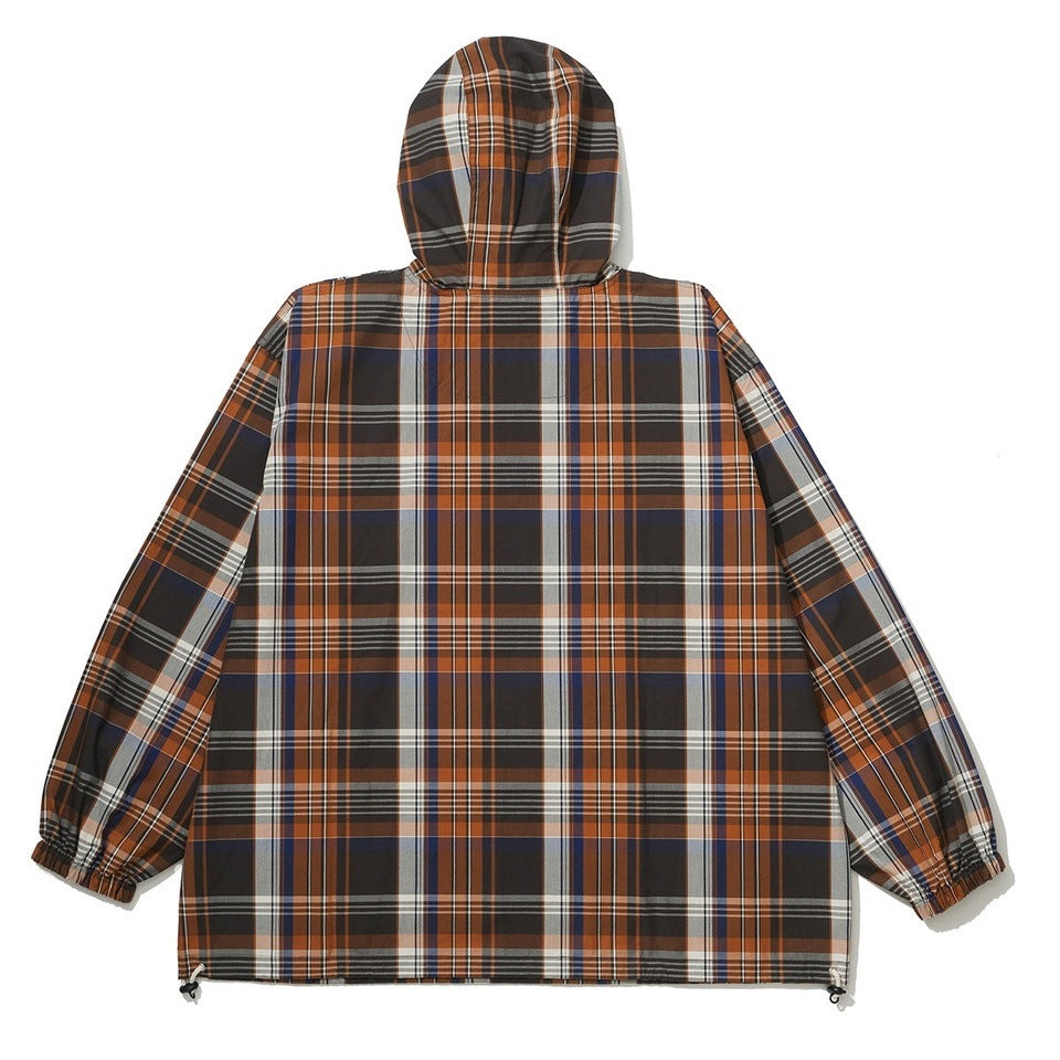 CHECK HALF ZIP-UP HOODED SHIRT