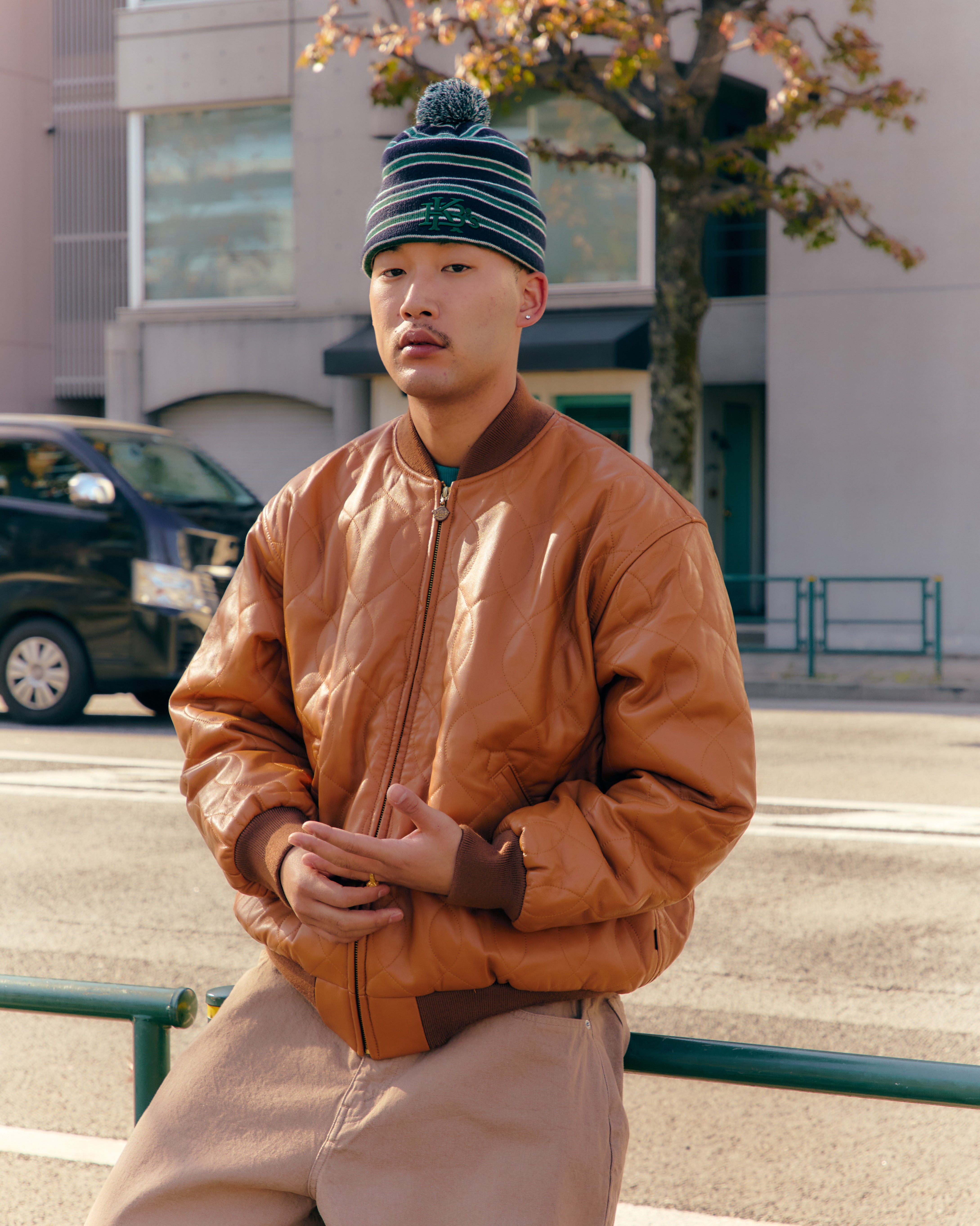 BALL QUILTING LEATHER VARSITY JACKET