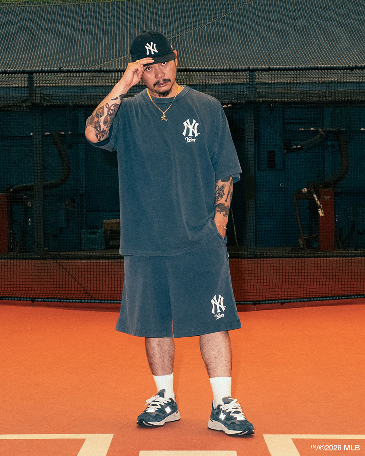 KEBOZ × MLB NEW YORK YANKEES LOGO WASHED TENJIKU SHORTS
