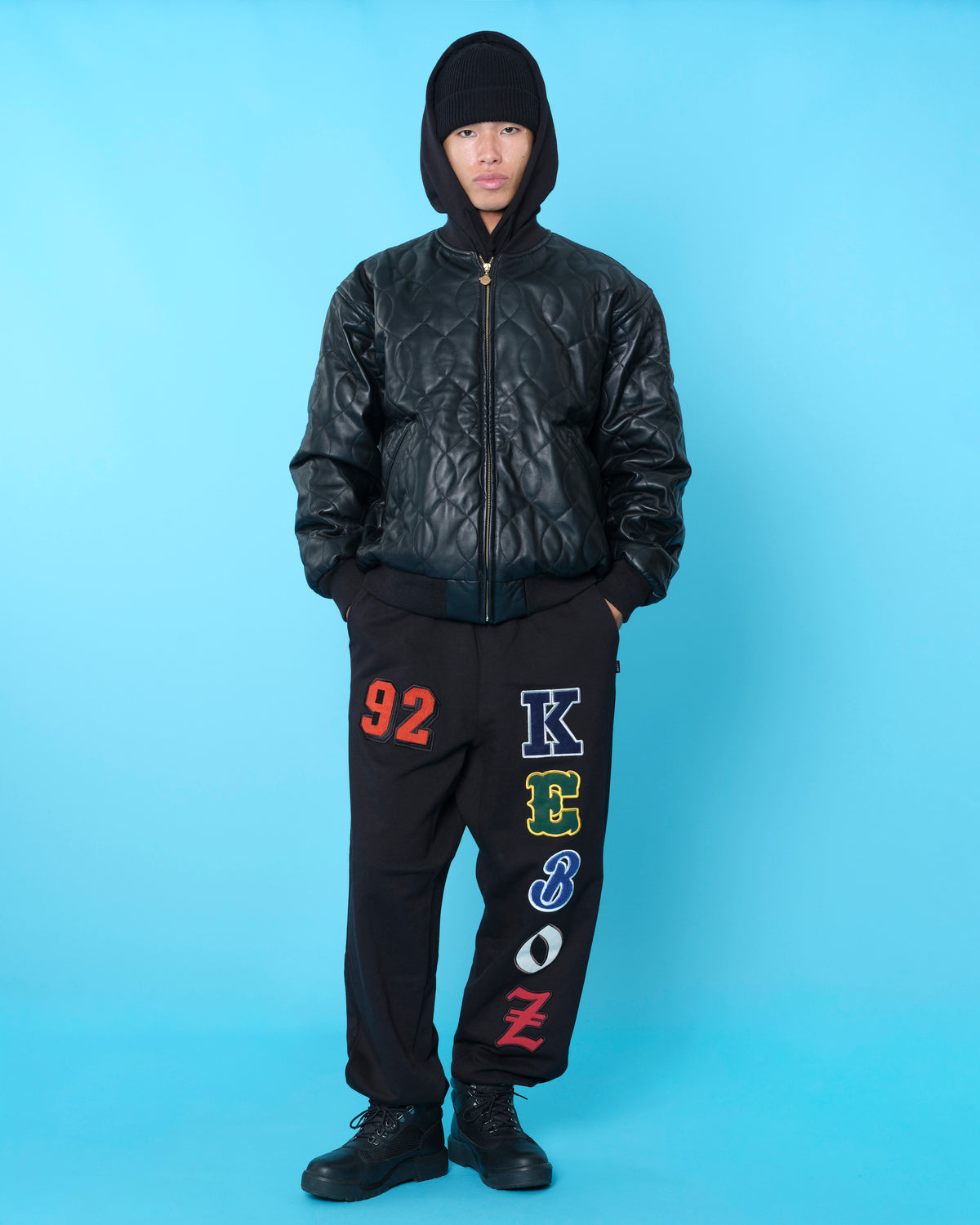 BALL QUILTING LEATHER VARSITY JACKET 