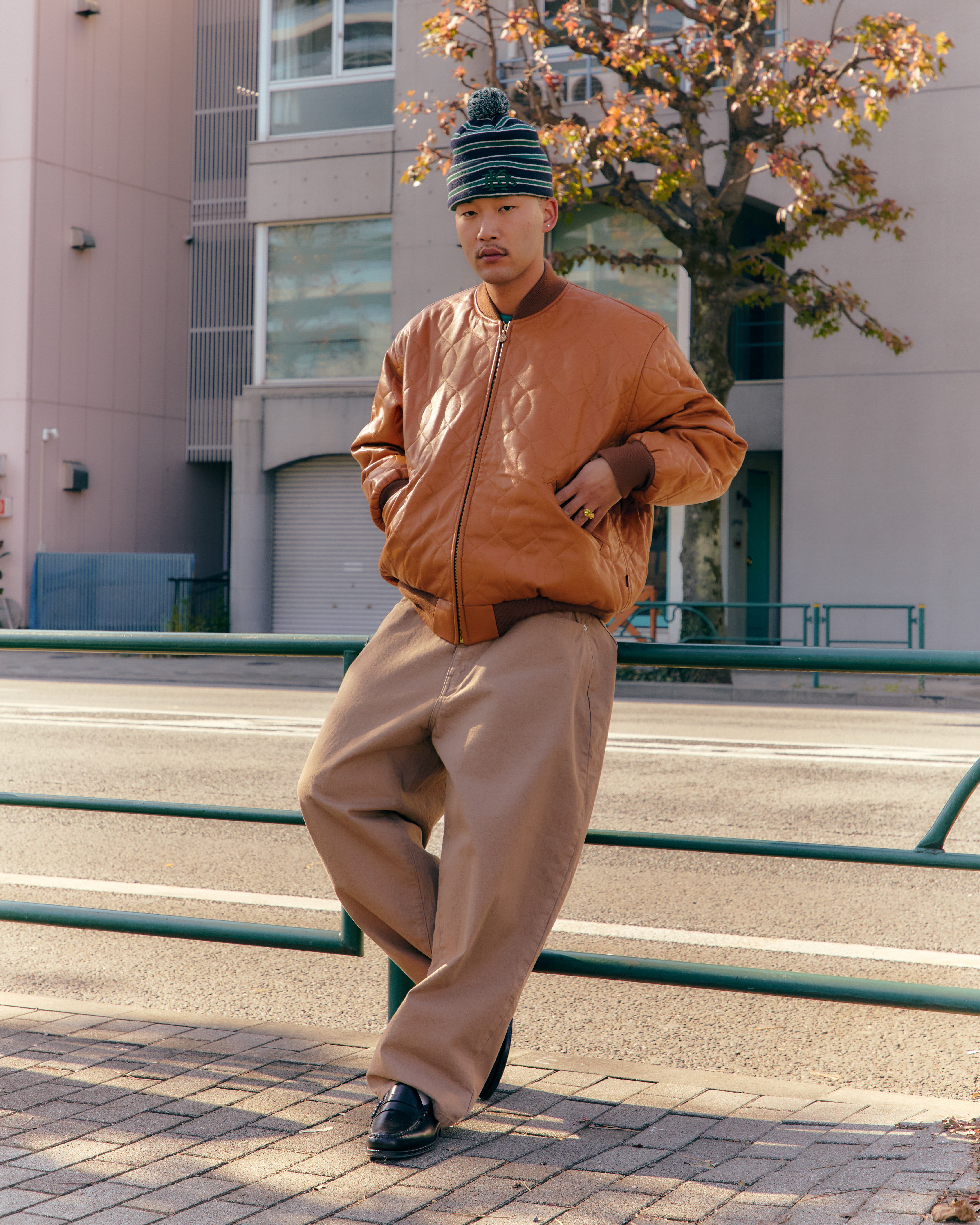 BALL QUILTING LEATHER VARSITY JACKET 